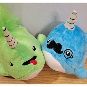 Ideal Toys Direct Plush Narwhal Set Mustache Monocle & Green Tongue 7 Inch 2pc